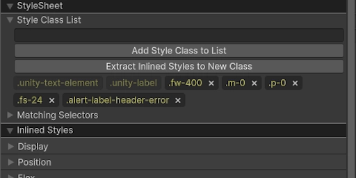 Class list applied to an element in the inspector